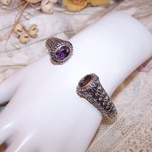 Sterling Silver 14K Gold Amethyst CZ Hinged Cuff Bracelet - Size 7